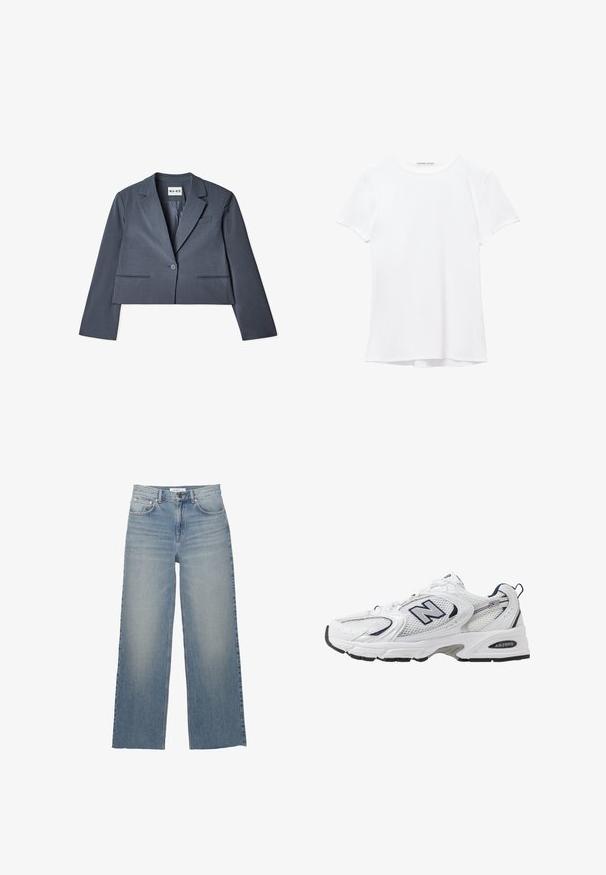 Skåret grå blazer lavet af glat stof, der har to forlommer, en enkelt knaplukning og en notched revers. Foring synlig indvendigt.; Hvid kortærmet t-shirt lavet af glat stof, med rund halsudskæring og diskrete syninger ved kanten.; Lyseblå brede jeans lavet af denim, med høj talje, frontlommer og knaplukning. Glat tekstur med slidte områder.; Hvide sportsko med netoverdel, marineblå detaljer og polstret sål. Har "N" logo, snørebånd og struktureret detalje på siden.