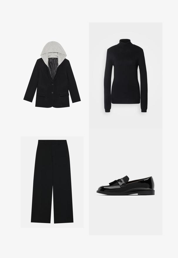 Zwarte blazer met twee voorzakken, sluiting met één knop en afneembare grijze capuchon. Zacht materiaal met een gladde binnenvoering.; Zwarte coltrui van een zachte brei-stof, met lange mouwen en een aansluitende pasvorm, voorzien van een geribbelde kraag en zoom.; Zwart, wijde broek van een gladde stof. Heeft een plat tailleband met riemlussen en geen zichtbare zakken. Eenvoudig ontwerp.; Zwarte lakleren loafers met een platte hak, voorzien van een kwastaccent en een glad oppervlak, ontworpen met een ronde neus en subtiele stiksels.