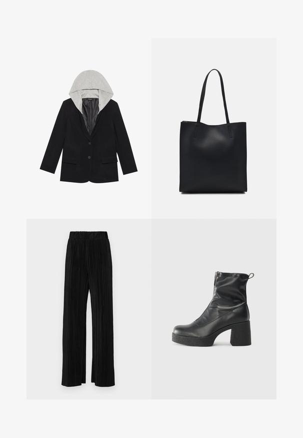 Blazer preto com dois bolsos frontais, fecho de um botão único e capuz cinza destacável. Tecido macio com um forro interior suave.; Suéter preto de mangas compridas com textura canelada, justo ao corpo, com um decote redondo, exibido contra um fundo claro e liso.; Calças pregueadas pretas com uma cintura elástica. Apresentam pernas largas e um tecido liso, texturizado com riscas verticais.; Botas de tornozelo pretas feitas de couro liso, com fecho lateral, salto grosso texturizado e design de bico arredondado.; Bolsa tote preta em couro com textura lisa, forma retangular e duas alças longas. Sem hardware ou enfeites visíveis.