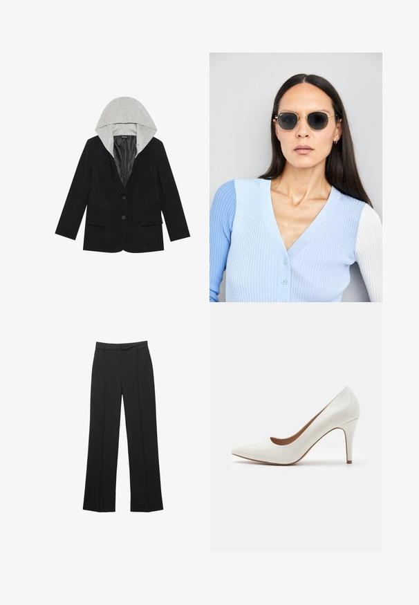 Mustapukku, jossa on kaksi etupussia, yksinkertainen nappisuljenta ja irrotettava harmaa huppu. Pehmeä kangas, jossa on sileä vuori.; Valkoinen tyynyliina, jossa on sileä ja pehmeä pinta, suorakulmainen muoto ja siistit reunat, suunniteltu standardikokoisille tyynyille.; Mustat suorat housut, jotka on valmistettu sileästä kankaasta, litteällä edellä, vyölenkeillä ja ilman näkyviä taskuja, räätälöidyllä istuvuudella.; Valkoinen lakaistettu korkeakorkoinen kenkä, jossa on terävä kärki ja sileä pinta, hennolla korolla ja matalalla leikkauksella avauksessa.; Pyöreät aurinkolasit, joissa on tummat linssit ja kultaiset kehykset. Mallilla on päällään vaaleansininen, ribatusta materiaalista valmistettu neuletakki, jossa on napit ja kontrastiväriset valkoiset hihat.