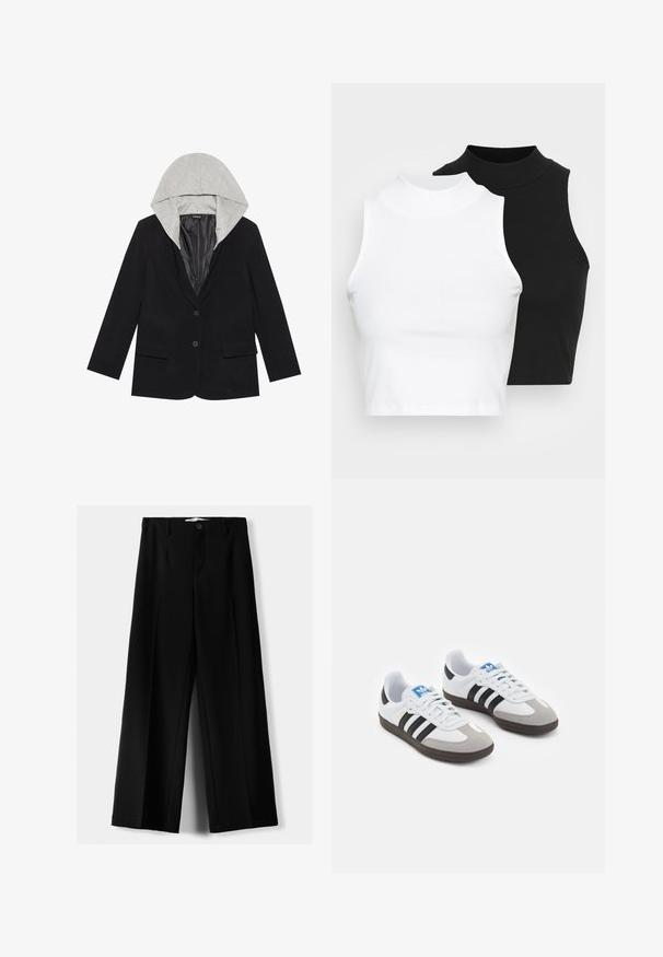 Fekete blézer két elülső zsebbel, egysoros gombolással és levehető szürke kapucnival. Puha anyag, sima bélés.; Két ujjatlan, bordázott garbós top fekete és fehér színben, testhezálló kialakítással és sima textúrával, rövidített hosszal.; Fekete, bő szárú nadrág, könnyű anyagból, elöl gombos záródással és sima elfröccsenésű fazonnal, szépen varrott szegélyekkel.; Fehér bőr felsőrészes sportcipő, szürke velúrból készült orral és három fekete csíkkal. Jellemzője a kék logó a nyelvén és egy texturált gumitalp.