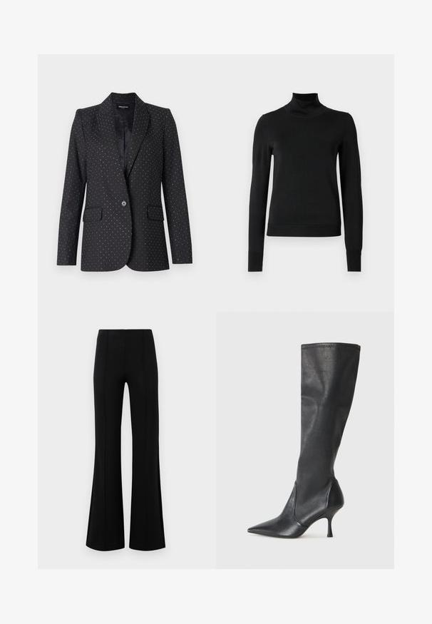 Zadig & Voltaire VALSE TAILLEUR - Suknjič - black; Črni pulover s dolgimi rokavi in vratnikom, z rebrastimi манжетами in robom, prikazan na enobarvni beli podlagi.; Črne krilate hlače z visokim pasom, izdelane iz raztegljive tkanine. Imajo vertikalne šive na sprednji strani in gladko teksturo.; Črne usnjene škornje do kolen s koničastim nosom in ozkim stiletto peto. Gladka tekstura z oblikovanim dizajnom in šivi na zgornjem robu.