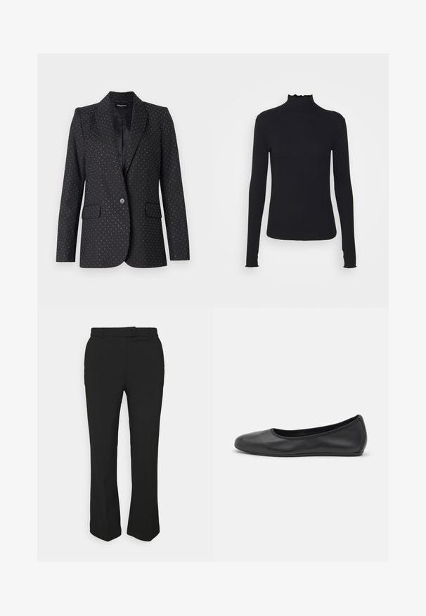 Zadig & Voltaire VALSE TAILLEUR - Blazer - black; Haut à manches longues noir en col roulé, fabriqué en tissu lisse, présentant un col volanté et une silhouette ajustée avec des bords simples.; Pantalons noirs ajustés avec une coupe droite, dotés de passants de ceinture et de poches latérales. Fabriqués en tissu lisse avec une finition soignée.; Ballerines en cuir noir avec un bout rond, texture lisse, détails de couture minimalistes et design de semelle flexible.