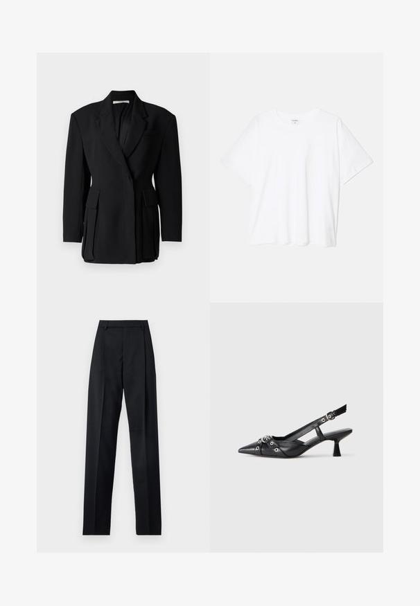 Czarna marynarka o jednorzędowym kroju, z klapami, podwójnymi kieszeniami na przodzie i teksturowanym wykończeniem materiału.; Biała bawełniana koszulka z krótkim rękawem, okrągłym dekoltem, luźnym krojem i przeszytym brzegiem. Metka widoczna wewnątrz dekoltu.; Czarne spodnie wykonane z gładkiego materiału, z wysokim stanem, szerokimi nogawkami, fałdami z przodu i klasycznymi szlufkami na pasek. Brak widocznych kieszeni bocznych.; Czarne skórzane buty typu slingback z ostrym noskiem, ozdobnymi paskami z metalowymi oczkami oraz niskim klinowym obcasem. Teksturowana powierzchnia.