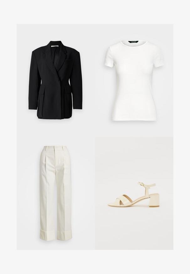 Čierny blazer s jednoradovým dizajnom, so záševkami, dvojitými prednými vreckami a textúrovaným povrchom.; Biele bavlnené tričko s krátkymi rukávmi, okrúhlym výstrihom, priliehavým strihom a hladkou textúrou. Logo nášivka na výstrihu.; Biele sako nohavice s vysokým pásom, dvojitými prednými záhybmi a širokými nohavicami s prehnutými manžetami. Vyrobené z hladkej, textúrovanej látky.; Bežové lakované sandále na podpätku s križovým popruhom, otvorenou špičkou, nastaviteľným členkovým popruhom a blokovým podpätkom. Hladká textura.