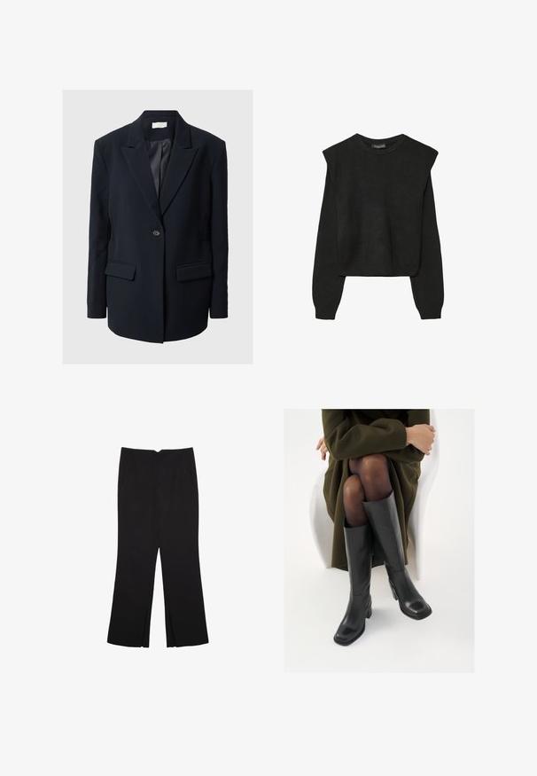 Upravený černý blejzr s klopami, předním zavíráním na jeden knoflík, dvěma předními kapsami a texturovanými akcenty na rukávech. Hladká tkanina.; Černý pletený svetr s dlouhými rukávy, vycpanými ramenními částmi a ribbovanými manžetami a lemem, zobrazený na bílém pozadí.; Černé kalhoty s rovným střihem, s předními kapsami a bočními rozparky na lemu. Vyrobené z jemné, hladké tkaniny. Vhodné na různé příležitosti.; Černé kožené boty po kolena s hranatou špičkou a blokovým podpatkem, předvedené na modelce sedící v olivově zeleném kabátu. Hladký povrch, minimalizované detaily.