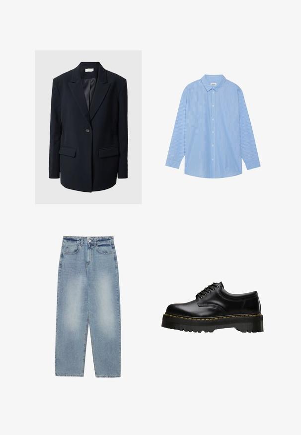 Prabangus juodas bleizeris su įpjovomis apykaklėmis, vienu sagų užsegimu, dviem priekinėm kišenėm ir tekstūruotais akcentais ant rankovių. Lygus audinys.; Mėlynai ir balta juostuota ilgo rankovio marškiniai su klasikinėmis apykaklėmis, mygtukų užsegimu ir apvaliomis kraštinėmis. Pagaminta iš lengvo audinio.; Šviesiai mėlynos džinsinės kelnės, pasižyminčios laisvu siluetu, tiesiomis kojomis, penkiais kišenėmis ir mygtukų užsegimu juosmens srityje. Glotni tekstūra.; Juodas odinis batų modelis su aštriu juodu guminio pado kraštu ir geltonomis siūlėmis aplink kraštą, pasižymintis lygiu apdaila.