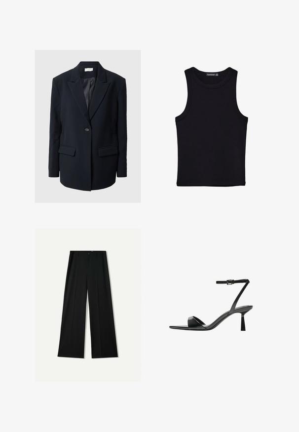 Prispôsobený čierny blejzer s vykrojenými klopami, jedným gombíkom na zapínanie, dvoma prednými vreckami a textúrovanými akcentmi na rukávoch. Hladká tkanina.; Čierny tank top vyrobený z bavlny, s okrúhlym výstrihom a širokými ramienkami. Hladká textúra so zošitými okrajmi. Klasický, minimalistický dizajn.; Bershka WIDE - Nohavice - black; Bershka Sandále na vysokom opätku - black