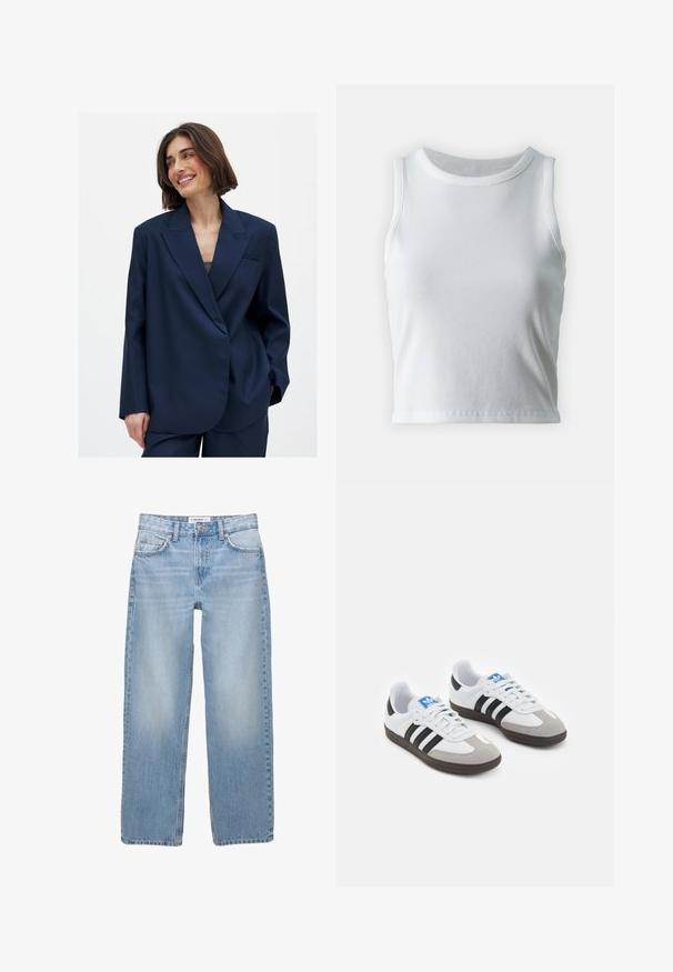 Navy blue blazer in smooth fabric with a notched lapel, single front pocket detail, and slightly oversized fit. Suitable for various occasions.; White ribbed tank top with a round neckline and sleeveless design, featuring a straight hem and a smooth, stretchy texture.; Light blue denim jeans with a straight-leg design, five-pocket style, and visible stitching details. The fabric has a soft, slightly faded texture.; Sport shoes with a white leather upper, gray suede toe, and three black stripes. Features a blue logo on the tongue and a textured rubber sole.