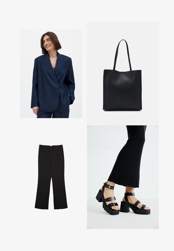 Blazer blu navy in tessuto liscio con revers a punta, dettaglio della tasca anteriore singola e vestibilità leggermente oversize. Adatto per diverse occasioni.; Top cropped nero a maniche lunghe con scollatura tonda, design semplice e orlo leggermente curvo.; Pantaloni neri a gamba dritta, con tasche frontali e spacchi laterali all'orlo. Realizzati in tessuto morbido e liscio. Adatti a diverse occasioni.; Sandali neri con piattaforma, suole chunky e tassellate, dotati di molteplici cinturini, con fibbie in metallo e un texture simile alla pelle liscia.; Borsa tote in pelle nera con texture liscia, forma rettangolare e due manici lunghi. Nessun hardware o decorazione visibile.