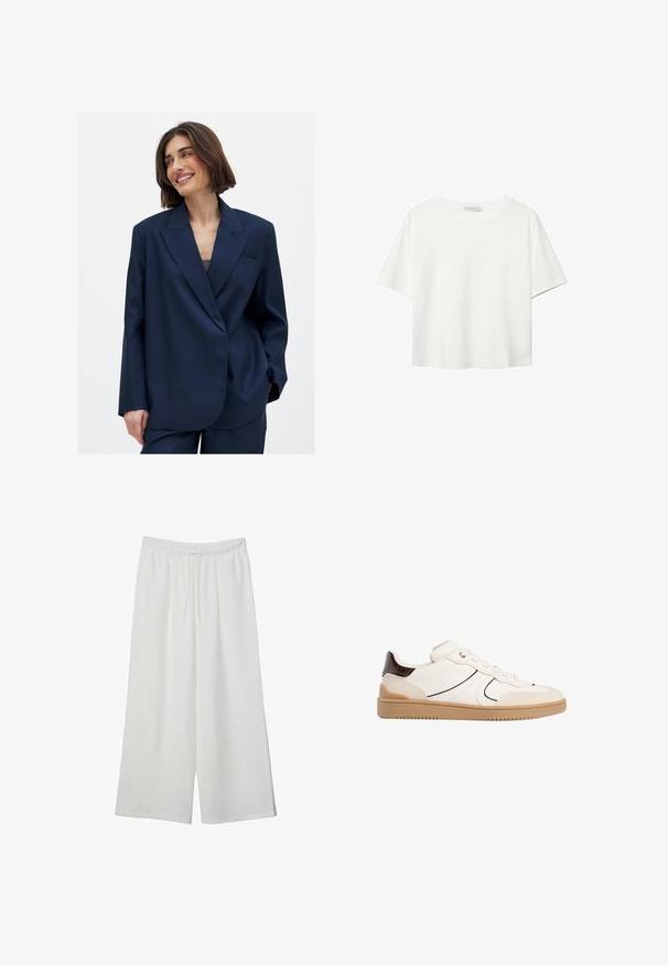 Marinblå blazer i slät tyg med spetsig slag, detalj med en framficka och en något oversized passform. Passar för olika tillfällen.; Vit t-shirt med kort ärm i bomull. Har en rundad halsringning och en avslappnad passform. Slät textur utan synliga mönster eller detaljer.; Vita vida byxor i lätt tyg med elastisk midja och dragsko för justerbar passform. Mjuk textur.; Stradivarius Sneakers - white