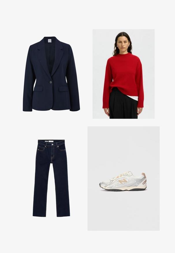 Mornarsko moder blazer iz gladkega materiala, z enim gumbom za zapiranje, s klasičnimi reverji in dvema sprednjima žepoma. Preprost, strukturiran dizajn.; Rdeča pletena pulover s visokim ovratnikom, spušenimi rameni in rebrastimi manšetami. V slogu nad belim zgornjim delom, v kombinaciji z črnimi hlačami.; Temno modri kavbojasti hlače s ravnim krojem, z oranžnim šivom, petimi žepi in kovinskim gumbom za zapiranje v pasu.; Športni čevlji v svetlo sivi barvi s srebrnimi detajli, mrežast gornji del, bež podrobnosti in črna gumijasta podlaga. Vključujejo vezalke in oblazinjen ovratnik.