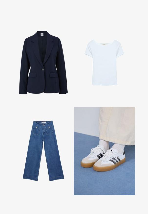 Blazer bleu marine en tissu lisse, doté d'une fermeture à un bouton, de revers crantés et de deux poches avant. Design simple et structuré.; T-shirt blanc en tissu ribbé, avec un large col en scoop et des manches courtes. Design simple sans motifs ni accents.; Jeans en denim à jambes larges avec un délavage bleu moyen, deux poches avant avec fermetures à bouton, et des détails cousus le long des ourlets.; Baskets blanches avec des rayures noires et des accents en daim beige. Elles présentent une semelle en gomme texturée et des lacets plats blancs, portées avec des chaussettes claires.