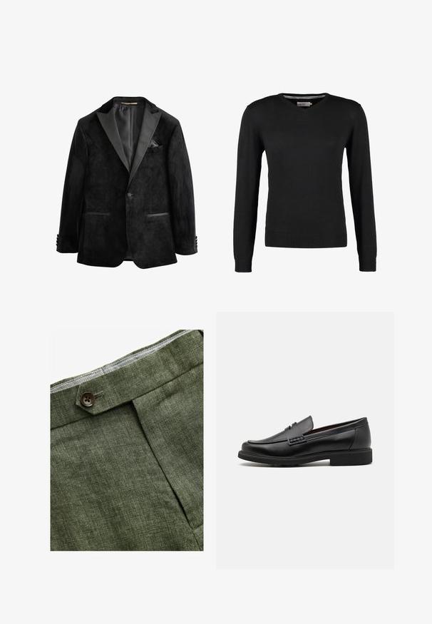 Veste de smoking en velours noir avec revers en satin, fermeture à un bouton et deux poches avant. Comprend un mouchoir de poche et une texture douce.; Pull noir, ajusté, à col en V avec des manches longues. Fabriqué en tissu tricot doux, avec des bords côtes aux poignets et à la taille. Design minimaliste.; T-shirt en coton blanc à col rond porté avec un pantalon plissé marine et une ceinture en cuir marron avec une boucle en or.; Pantalons en lin vert olive avec un pli avant, dotés d'une fermeture à bouton et d'une doublure à carreaux contrastante au niveau de la taille.; Chaussures de ville synthétiques noires avec un devant cousu bien visible, semelle intérieure rembourrée et semelle extérieure en caoutchouc plate ; design épuré avec un minimum de détails.