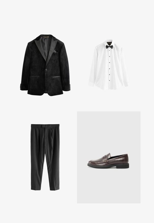 Chaqueta de esmoquin de terciopelo negro con solapas de satén, cierre de un solo botón y dos bolsillos frontales. Presenta un pañuelo de bolsillo y una textura suave.; Camisa blanca de algodón, con mangas largas, una pajarita negra y botones negros en el frente.; Next REGULAR FIT -CHECK SMART - Pantalones chinos - black; Mocasines de cuero marrón con un acabado suave, que presentan un sutil detalle de costura en la parte superior y una suela de goma negra.
