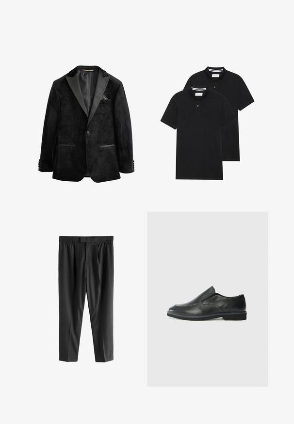 Fekete bársony zakó selyem hajtókákkal, egygombos záródással és két elülső zsebbel. Zsebkendőt is tartalmaz és sima felülete van.; Két fekete pólóing, rövid ujjú, pamut anyagból készült, klasszikus gallérral, két gombos gombolással, és fehér csíkos díszítéssel a gallér belső részén.; Next REGULAR FIT -CHECK SMART - Vászonnadrágok - black; Fekete bőr, slip-on cipő sima felsőrésszel, varrott díszítéssel, lekerekített orral és alacsony gumitalppal. A talpa minimális bordázattal rendelkezik.