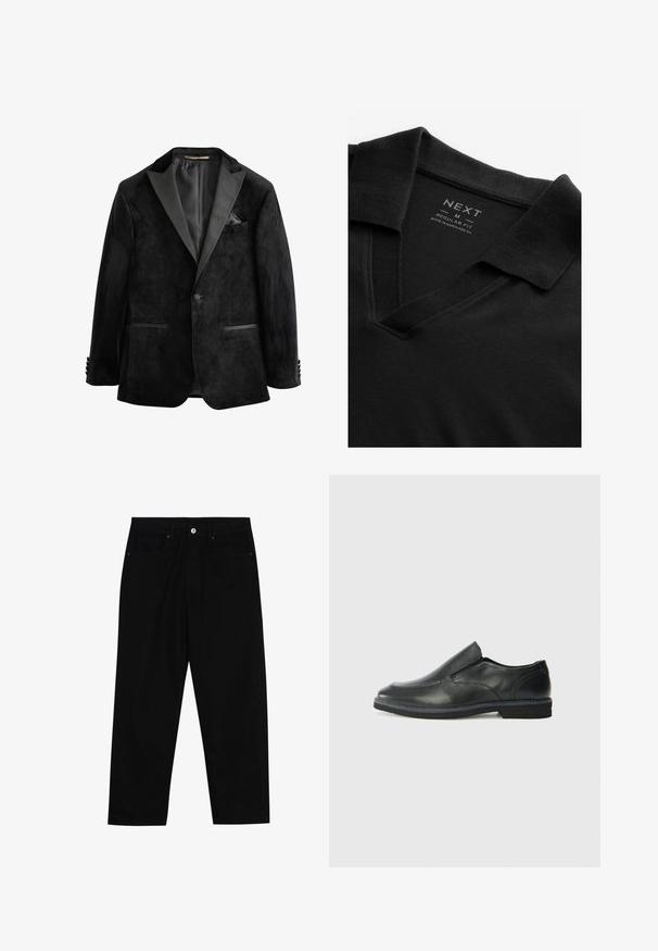 Chaqueta de esmoquin de terciopelo negro con solapas de satén, cierre de un solo botón y dos bolsillos frontales. Presenta un pañuelo de bolsillo y una textura suave.; Camisa polo negra con escote en V y una tela texturizada. Presenta un cuello doblado y una etiqueta que muestra la marca y la información de tamaño. Corte regular.; Pantalones de mezclilla negra con corte recto, diseño de cinco bolsillos y cierre frontal con botón. Textura suave con detalles de costura mínimos.; Zapato negro de cuero sin cordones con un upper suave, detalles de costura, punta redonda y un bajo tacón de goma. La suela presenta una tracción mínima.