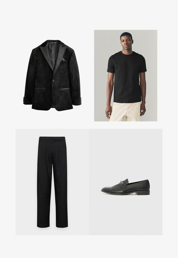 Črn žametni smoking s satenastimi klapnicami, enojnimi gumbi in dvema sprednjima žepoma. Vključuje žepni robec in gladko teksturo.; Črna bombažna majica s kratkimi rokavi, okroglim ovratnikom in prilegnjeno silhueto, v kombinaciji s svetlimi hlačami. Gladka tekstura.; Črne hlače iz gladkega materiala, s krojem ravne noge, dvema sprednjima pregiboma in standardnim pasom z zankami za pas.; Črni usnjeni loafer z gladko površino, ki ima šivano zasnovo in dekorativni kovinski verižni naglas preko vampirja. Ravno peto.