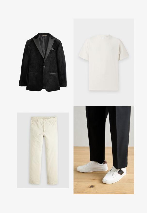 Čierny sametový smokingu s saténovými klopami, s uzáverom na jeden gombík a dvoma prednými vreckami. Obsahuje vreckovku a hladký povrch.; Biela krátka tričko s krátkym rukávom so žebrovanou textúrou. Okrúhly výstrih, uvoľnený strih, žiadne viditeľné vzory ani akcenty. Jednoduchý a všestranný dizajn.; Svetlo béžové voľné nohavice s troma vreckami, pútky na opasok a rovnými nohavicami. Vyrobené z mäkkej bavlnenej zmesi.; Biele tenisky s hladkým povrchom, s hnedými koženými akcentmi a čiernymi detailmi, spárované s čiernymi elegantnými nohavicami. Pozadím je drevená podlaha.