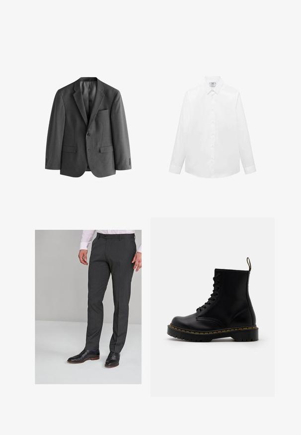 Gray blazer made of textured fabric, featuring a single-button closure, notch lapels, and a breast pocket. Two front pockets included.; White long-sleeve shirt made of smooth fabric, featuring a classic collar, button front, and curved hem. Minimalistic design with no patterns.; Gray tailored trousers with a smooth texture, featuring a flat front and belt loops, paired with black dress shoes.; Black leather ankle boots with a lace-up front, yellow stitching, a rounded toe, and a thick, textured rubber sole.