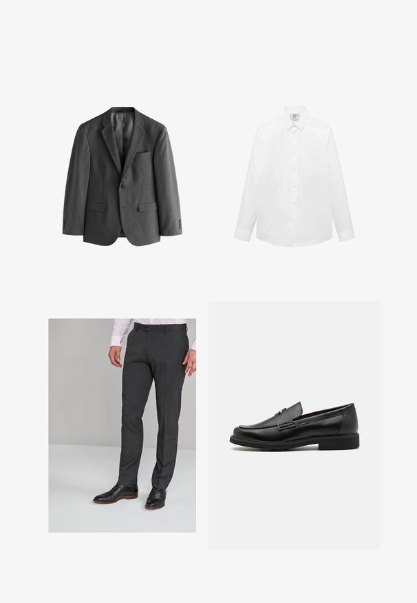 Grå blazer lavet af tekstureret stof, med en enkelt knaplukning, stiklapeller og en brystlomme. To forlommer inkluderet.; Hvid langærmet skjorte lavet af glat stof, med klassisk krave, knaplukning foran og buet kant. Minimalistisk design uden mønstre.; Grå skræddersyede bukser med en glat tekstur, der har flad front og bæltesløjfer, parret med sorte habit sko.; Sorte syntetiske loafers med en fremtrædende syet front, polstret indersål og flad gummiydersål; slankt design med minimal detaljer.
