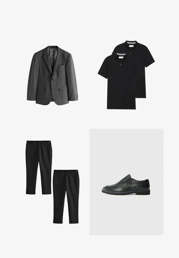 Pilkas švarkas, pagamintas iš tekstūruotos medžiagos, su vienu mygtuku, notch tipo atlapais ir krūtine kišene. Įrengti du priekiniai kišeniai.; Du žaidimų juodos polo marškiniai, trumpomis rankovėmis, pagaminti iš medvilnės, su klasikinėmis apykaklėmis, dviem mygtukais priekyje ir baltais dryžiais apykaklės viduje.; Juodos pritaikytos kelnės su lygiu paviršiumi, pasižyminčios tiesiais kojų raštais ir vidutinio aukščio liemeniu. Pateikiamos dvi poros, viena trumpa.; Juodai odiniai įtvirtinimo batai su lygiu paviršiumi, siuvinėjimo akcentais, apvalia nosimi ir žemu guminiu kulnu. Pado raštas minimalus.