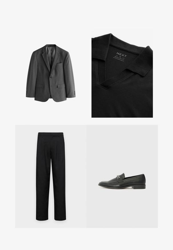 Blazer gris de tejido texturado, con cierre de un solo botón, solapas de muesca y bolsillo en el pecho. Incluye dos bolsillos frontales.; Camisa polo negra con escote en V y una tela texturizada. Presenta un cuello doblado y una etiqueta que muestra la marca y la información de tamaño. Corte regular.; Pantalones negros de tela suave, con un diseño de pierna recta, dos pliegues frontales y una cintura estándar con trabillas para el cinturón.; Mocasín de cuero negro con un acabado suave, que cuenta con un diseño de costura y un acento decorativo de cadena de metal en el empeine. Tacón plano.