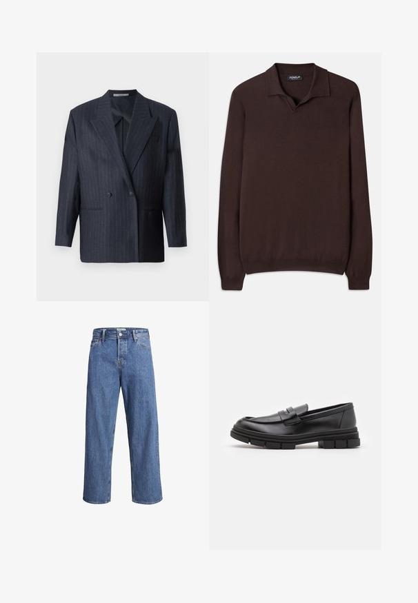 Námořnický pruhovaný dvouřadý blazer s širokými klopami, vyrobený z texturované tkaniny. Obsahuje náprsní kapsy a dva knoflíky.; Dondup REGULAR FIT SHIRT - Svetr - cioccolato; Světle modré džíny z denimu s rovnými nohavicemi, vysokým pasem a minimem švů. Látka má jemnou, lehce vybledlou strukturu.; Černé kožené mokasíny s hladkým povrchem, se zapínáním vpředu a masivní gumovou podrážkou se vroubkovanými detaily.