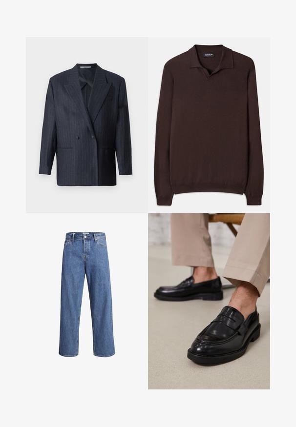 Blazer doppiopetto a righe navy con ampi risvolti, realizzato in tessuto testurizzato. Presenta tasche a toppa e due bottoni.; Dondup REGULAR FIT SHIRT - Maglione - cioccolato; Jeans in denim blu chiaro con una vestibilità dritta, vita alta e dettagli di cucitura minimi. Il tessuto ha una texture morbida e leggermente sbiadita.; Mocassini in pelle nera con finitura liscia, dotati di una cintura decorativa e cuciture a contrasto, abbinati a pantaloni beige.