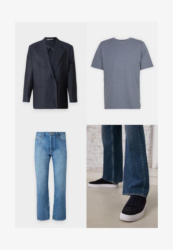 Blazer azul-marinho risca de giz de dupla face com lapelas largas, feito de um tecido texturizado. Apresenta bolsos em patch e dois botões.; T-shirt cinza de manga curta com gola redonda, feita de um tecido suave em mistura de algodão. Design simples, sem padrões ou detalhes.; Jeans de ganga azul claro com um corte de perna reta, apresentando um design clássico de cinco bolsos, fecho de botão e costura em contraste.; Tênis de camurça azul escuro com sola de borracha branca e atacadores, combinados com jeans de perna larga em um tom de azul médio.