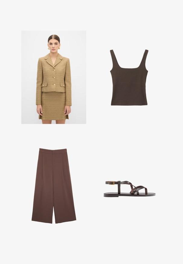 Zestaw składający się z marynarki i spódnicy w jasnobrązowym kolorze z delikatną fakturą. Marynarka ma kołnierz z wycięciem, cztery guziki z przodu i dwie kieszenie.; Brązowa bezrękawnikowa bluzka o kwadratowym dekolcie, wykonana z miękkiego, elastycznego materiału. Posiada dopasowany krój i płaskie szwy.; Brązowe spodnie o szerokich nogawkach z gładką fakturą, z wysokim stanem i plisami z przodu. Materiał jest lekki i luźno opada.; Brązowe skórzane sandały z krzyżującymi się paskami, zapięciem na klamrę przy kostce oraz płaską podeszwą z minimalnymi detalami szycia.