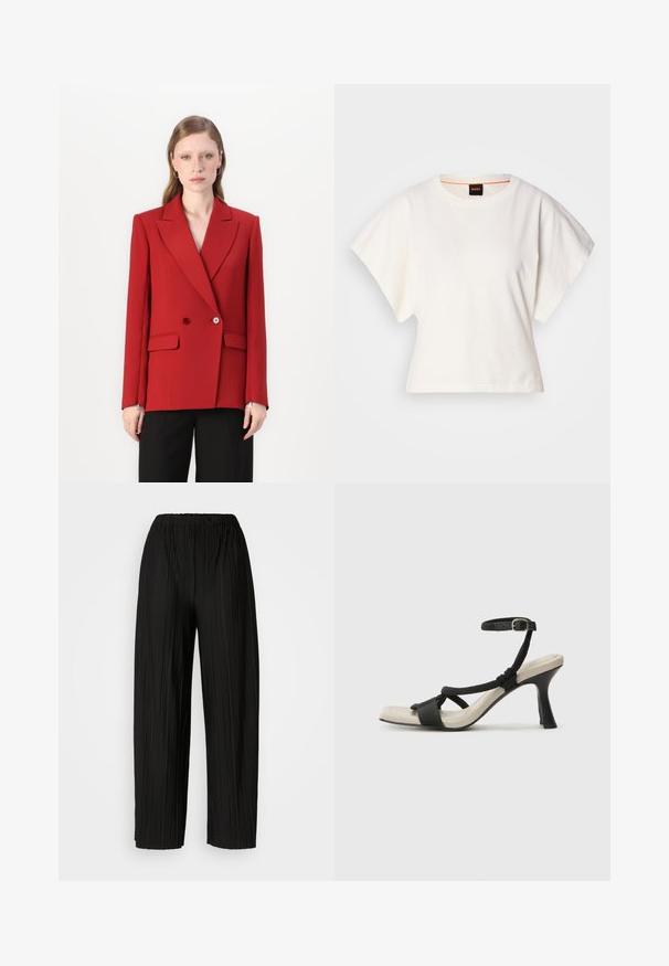 Czerwony dwurzędowy żakiet z szpiczastym kołnierzem, dwoma guzikami i bocznymi kieszeniami. Gładka tekstura materiału, dopasowany fason oraz długie rękawy.; Biała, krótka koszulka z szerokimi rękawami, wykonana z miękkiej bawełny, okrągły dekolt z delikatnym pomarańczowym wykończeniem, minimalistyczny design, bez wzorów i grafik.; Czarne spodnie szerokie z plisami i elastycznym paskiem w talii. Tkanina ma pionowe plisy i gładką fakturę.; Czarne sandały na obcasie z plecionym paskiem, kwadratowym noskiem i regulowanym paskiem na kostkę. Jasnobeżowa wkładka z błyszczącym czarnym obcasem.