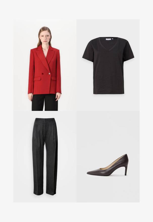 Rode dubbelzijdige blazer met een pieklapel, twee knopen en zijzakken. Gladde stofafwerking, getailleerde pasvorm en lange mouwen.; Zwarte katoenen T-shirt met een V-hals en korte mouwen. Eenvoudig ontwerp met een regular fit en zonder patronen of accenten.; Zwarte broek met wijde pijpen van gladde stof, voorzien van plooien aan de voorkant, een ritssluiting en een klassieke tailleband.; Zwarte leren high heel pump met een spitse neus, een soepele textuur en een slanke stiletto hak. Binnenin is er een beige voering.