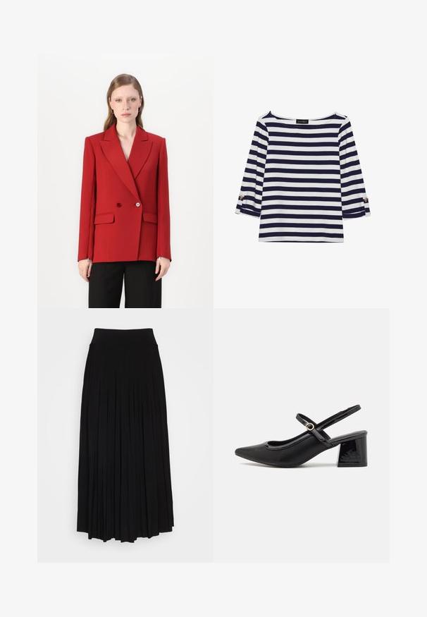 Blazer rosso doppiopetto con rever a punta, due bottoni e tasche laterali. Tessuto liscio, silhouette aderente e maniche lunghe.; Maglietta a righe blu navy e bianca con maniche lunghe, scollo a barca e dettagli con bottoni dorati sulle maniche arrotolate. Tessuto morbido, vestibilità comoda.; Gonna nera plissettata con vita alta e elastica. Realizzata in tessuto morbido, presenta plissettature verticali per una silhouette fluida.; Décolleté in vernice nera con cinturino dietro, punta affusolata, design con ritagli arrotondati e tacco a blocco. Presenta un accento di fibbia tono oro.