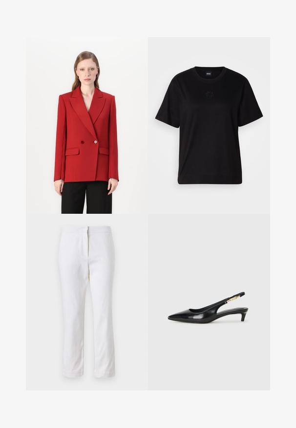 Sacou roșu, cu două rânduri de nasturi, guler ascuțit, două butoane și buzunare laterale. Finisaj de țesătură netedă, siluetă ajustată și mâneci lungi.; T-shirt negru din bumbac, cu guler rotund, mâneci scurte și un logo brodat pe piept. Design simplu, cu o croială relaxată și fără modele.; Pantaloni din bumbac alb, cu un design drept, având talie medie și fără hardware sau modele vizibile. Textură uniformă pe întreaga suprafață.; Sandale slingback din piele neagră cu vârf ascuțit, având un toc subțire și un accent de culoare aurie pe curea ajustabilă. Textură netedă.