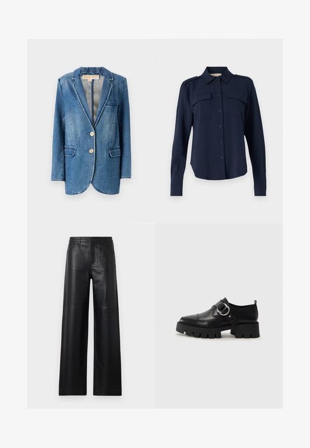 Denim sako u srednje plavoj boji s krojem koji se dobro prilagođava tijelu, reveri u obliku izreza, dva prednja džepa i zatvaranje na dva dugmeta. Blago izblijedjeli tekstur.; Mornaricno plava košulja dugih rukava izrađena od mekanog materijala. Ima dva džepa na prsima, epoletu na ramenima i dugmadi na manžetama.; Široke crne kožne hlače s glatkom teksturom, koje imaju prednje džepove, kopčanje na dugme i suptilne detalje šivanja.; Crne kožne cipele s debelim, rebrastim potplatom, koje imaju okrugli srebrni detalj i minimalne šavove.