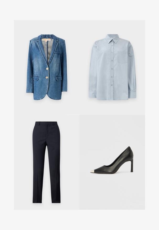 Denimblaiser i middels blå med en skreddersydd passform, notklipper, to frontlommer og to-knapps lukking. Svakt falmet tekstur.; Lys blå langermet skjorte med knapper og spiss krage, med brystlomme, lagt flatt på en hvit bakgrunn.; Marinefargede skreddersydde bukser med rett snitt, med en glatt tekstur, to frontlommer og en ren linning.; Svart lærsko med høye hæler, spiss tå og metallisk sølvhette. Har en glatt finish og en slank hæl på 10 cm.