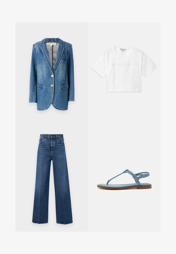 Blazer de ganga em azul médio com um corte ajustado, lapelas em bico, dois bolsos frontais e fecho de dois botões. Textura ligeiramente desbotada.; T-shirt branca cropped feita de algodão, com mangas curtas e o logótipo "MICHAEL KORS" em texto bordado correspondente na parte da frente.; Jeans azuis de perna larga feitos de denim, com uma cintura alta, bolsos frontais e costura em contraste. O tecido tem uma textura suave.; Sandália de dedo em couro azul com sola plana, apresentando um design de tiras finas e fecho com fivela no tornozelo para um ajuste seguro.