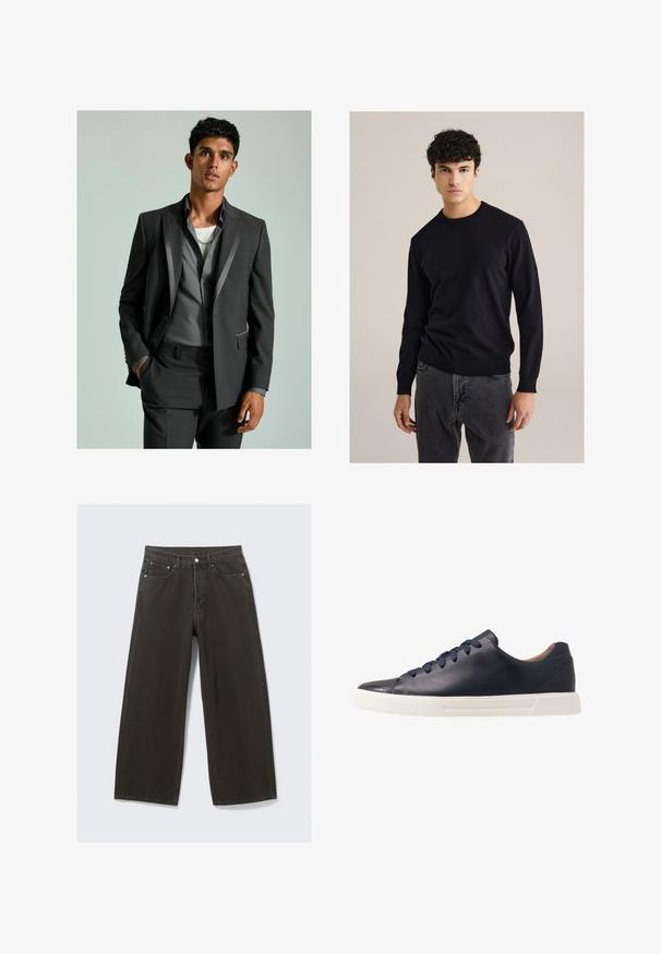Dark grey suit with satin accents, buttoned blazer, and tailored trousers. Underneath is a light grey shirt layered over a white T-shirt.; Black cotton crewneck sweater with long sleeves, ribbed cuffs, and hem; paired with gray jeans. Simple, fitted design without patterns.; Young man with curly light brown hair wearing black short-sleeve t-shirt and gray pants, looking to his left with hands in pockets.; Wide-leg black denim jeans feature a high waist, five-pocket design, and a button-fly closure. The fabric has a soft, textured finish.; Navy leather sneakers with a smooth finish, flat white rubber sole, round toe, and six navy laces threaded through round eyelets.