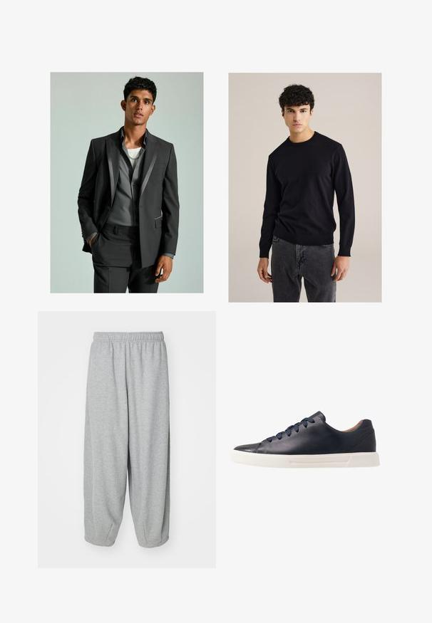 Dark grey suit with satin accents, buttoned blazer, and tailored trousers. Underneath is a light grey shirt layered over a white T-shirt.; Black cotton crewneck sweater with long sleeves, ribbed cuffs, and hem; paired with gray jeans. Simple, fitted design without patterns.; Young man with curly light brown hair wearing black short-sleeve t-shirt and gray pants, looking to his left with hands in pockets.; Light gray, loose-fitting sweatpants made of soft fabric. Elastic waistband and cuffs at the ankles. Simple and unadorned design.; Navy leather sneakers with a smooth finish, flat white rubber sole, round toe, and six navy laces threaded through round eyelets.