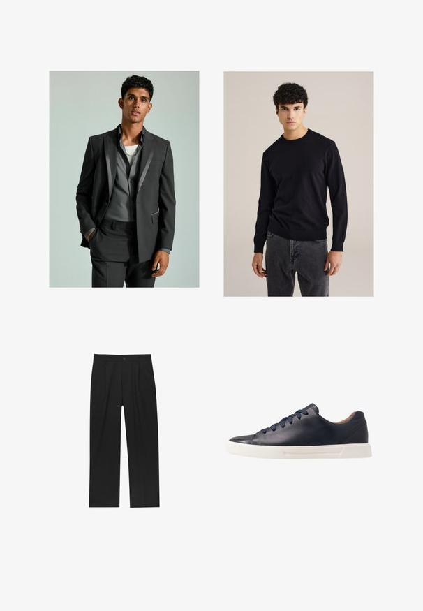 Costume gris foncé avec des accents satinés, blazer boutonné et pantalon ajusté. En dessous, une chemise gris clair superposée à un t-shirt blanc.; Pull en coton noir à col rond avec des manches longues, poignets et ourlet côtelés ; associé à un jean gris. Design simple et ajusté sans motifs.; Jeune homme aux cheveux châtains clair et bouclés, portant un t-shirt noir à manches courtes et un pantalon gris, regardant vers sa gauche les mains dans les poches.; Pantalons noirs au design droit, fabriqués à partir d'un tissu lisse. Dotés de plis sur le devant et d'une fermeture à un bouton à la taille.; Baskets en cuir bleu marine avec une finition lisse, semelle en caoutchouc blanc plat, bout arrondi et six lacets bleu marine passés à travers des œillets ronds.