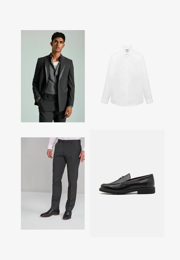 Mørkegrå jakkesæt med satin detaljer, knappet blazer og skræddersyede bukser. Under er en lysegrå skjorte lagd over en hvid T-shirt.; Hvid langærmet skjorte lavet af glat stof, med klassisk krave, knaplukning foran og buet kant. Minimalistisk design uden mønstre.; Grå skræddersyede bukser med en glat tekstur, der har flad front og bæltesløjfer, parret med sorte habit sko.; Sorte syntetiske loafers med en fremtrædende syet front, polstret indersål og flad gummiydersål; slankt design med minimal detaljer.