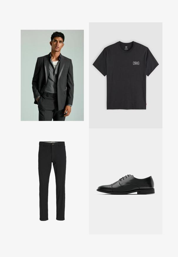 Traje gris oscuro con detalles de satén, blazer abotonado y pantalones ajustados. Debajo lleva una camisa gris clara superpuesta a una camiseta blanca.; Camiseta de algodón negra con mangas cortas y cuello redondo. Presenta un pequeño estampado gráfico blanco en el lado izquierdo del pecho. Textura suave.; Pantalones de mezcla de algodón negros con corte ajustado, que presentan un cierre de botón, bolsillos y puños enrollados para un acabado casual.; Zapato de vestir de cuero negro con punta redondeada, diseño con cordones, detalles de costura sutiles y un tacón bajo. Textura suave con acabado pulido.