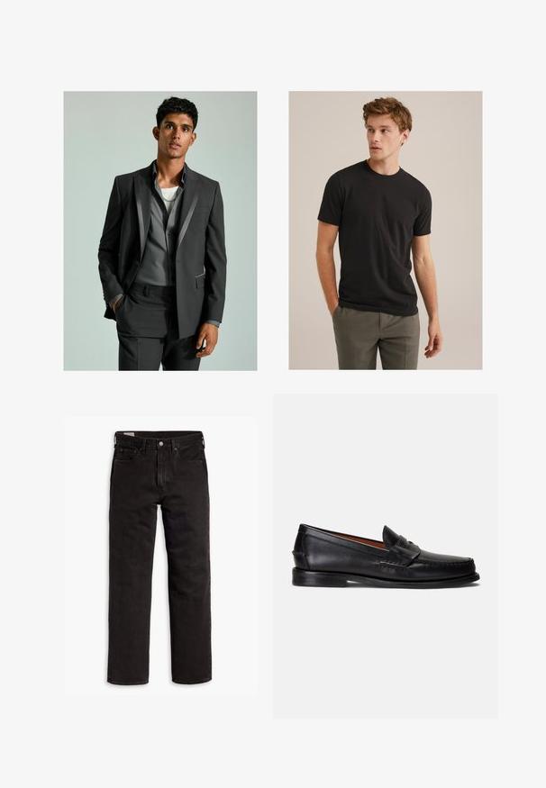 Ciemnoszary garnitur z satynowymi akcentami, zapięta marynarka i dopasowane spodnie. Pod spodem jest jasno szara koszula nałożona na białą koszulkę.; Młody mężczyzna z kręconymi jasnobrązowymi włosami, ubrany w czarną koszulkę z krótkim rękawem i szare spodnie, patrzy w lewo z rękami w kieszeniach.; Czarne dżinsy proste z pięcioma kieszeniami, zapięciem na guzik i paskiem, rozłożone na białym tle.; Czarne skórzane mokasyny z gładkim wykończeniem, zaokrąglonym noskiem i ozdobnym paskiem na cholewce. Posiadają niską czarną podeszwę.
