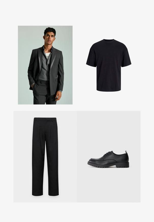 Tmavosivý oblek so saténovými akcentmi, zapnutý blazer a prispôsobené nohavice. Pod ním je svetlosivá košeľa preložená cez biele tričko.; Čierne bavlnené tričko s okrúhlym výstrihom, krátkymi rukávmi a uvoľneným strihom. Hladká textúra bez viditeľných vzorov alebo akcentov.; Čierne nohavice vyrobené z hladkej tkaniny, s rovnými nohavicami, dvoma prednými skladmi a štandardným pásom s pútkami na opasok.; Čierne kožené šaty s hladkým povrchom, zaoblenou špičkou, šnurovaním vpredu a pevným gumovým podošvou so vzorom.