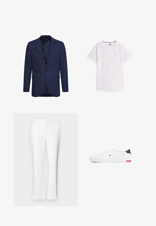 Tums zilā žakete, kas izgatavota no struktūrēta auduma, ar divu pogu aizdari, iegriezta apkakle un priekšējām kabatām. Iekšpusē ir rakstains oderējums.; Balts īsām piedurknēm, apaļa kakla T-krekls ar mazu Tommy Hilfiger logotipu krūtīs un sarkani, baltu un zilu apmali apkakles iekšpusē.; Baltas kokvilnas bikses ar taisnu kāju dizainu, priekšējām kabatām, vienu pogu aizdari un gludu tekstūru.; Baltas zemu topu sporta apavus, kas izgatavoti no gludas ādas. Satura tumši zilu papēža daļu un sarkanu akcentu uz zoles. Seši caurumi šņorēm.