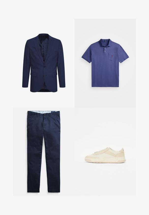 Tamsiai mėlynas švarkas, pagamintas iš tekstūruotos medžiagos, su dviem mygtukais, notch tipo apykakle ir priekinėmis kišenėmis. Viduje yra raštuota pamušalas.; Violetinio polo marškinėlių, pagamintų iš medvilnės, su trimis mygtukais, trumpomis rankovėmis ir krūtinės kišenėle su raudonos spalvos logotipo siuvinėjimu.; Tamsiai mėlyni chinos kelnės iš medvilnės mišinio audinio, su lygia priekiu, tiesiomis kojų linijomis ir viena sagos užsegimu juosmens juostoje.; Bežiniai sportbačiai, pagaminti iš lygaus odos ir tekstilės; žemas dizainas su apvaliu pirštu ir raišteliais; tekstūruoti šonų akcentai.