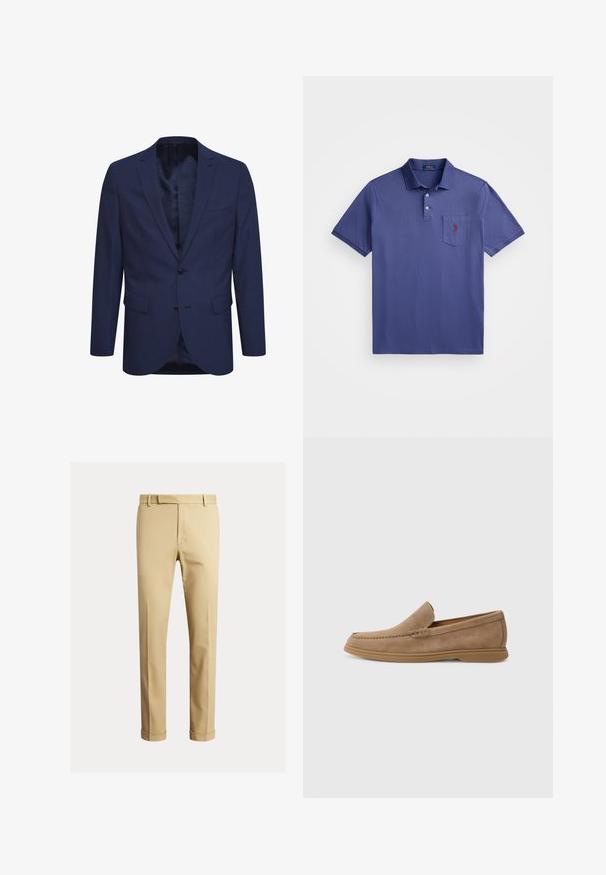 Tamsiai mėlynas švarkas, pagamintas iš tekstūruotos medžiagos, su dviem mygtukais, notch tipo apykakle ir priekinėmis kišenėmis. Viduje yra raštuota pamušalas.; Violetinio polo marškinėlių, pagamintų iš medvilnės, su trimis mygtukais, trumpomis rankovėmis ir krūtinės kišenėle su raudonos spalvos logotipo siuvinėjimu.; Kaki chinos, pagaminti iš lygaus medvilnės audinio, turintys prigludusį siluetą, priekinę klostę ir manžetę ties kulkšnimis, siekiant siauresnio vaizdo.; Rudi šviesios odos slip-on loaferiai su lygiu paviršiumi ir siuvinėjimu; turi guminį pado sluoksnį, užtikrinantį sukibimą.