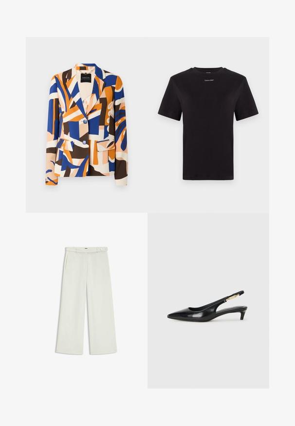 Blazer colorato con motivi astratti in blu, arancione, marrone e crema. Presenta un colletto a risvolto, due tasche frontali e chiusure a bottoni.; T-shirt in cotone nero con maniche corte, colletto a girocollo e piccolo logo bianco "Calvin Klein" sul petto. Texture liscia, vestibilità classica.; Pantaloni a gamba larga in tessuto crema chiaro, dotati di tasche laterali, frontale liscio e chiusura a un bottone in vita. Texture morbida.; Tacchi slingback in pelle nera con punta affusolata, caratterizzati da un tacco alto e un accento dorato sulla cinghia regolabile. Texture liscia.