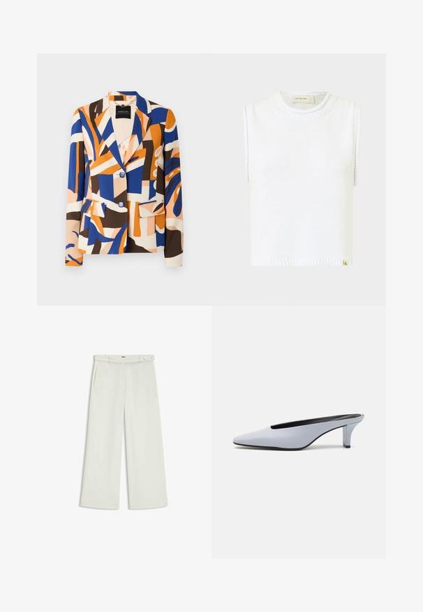 Kleurige blazer met abstracte patronen in blauw, oranje, bruin en crème. Voorzien van een reverskraag, twee voorzakken en knoopsluitingen.; Witte mouwloze gebreide top met een ronde halslijn, geribbelde zoom en zijnaaddetails; beschikt over een klein merklabel aan de onderkant.; Wijde broek in licht crèmekleurige stof, met zijzakken, een platte voorkant en een enkele knoopsluiting bij de taille. Glad van textuur.; Lichtblauwe patentleren mule met een spitse neus, een lage doorzichtige hak, en een strak ontwerp met een uitsparing bij de vamp.